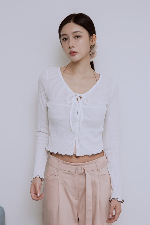 撞色捲邊綁帶開襟上衣