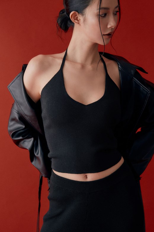 繞頸V領美背針織背心