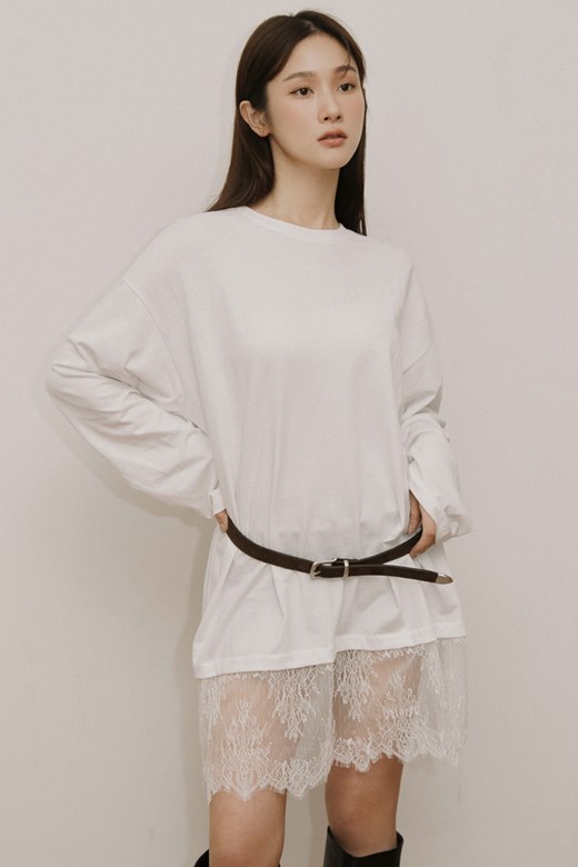 15 素色蕾絲下擺長袖上衣