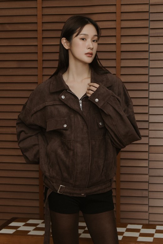 翻領麂皮外套(附腰帶)