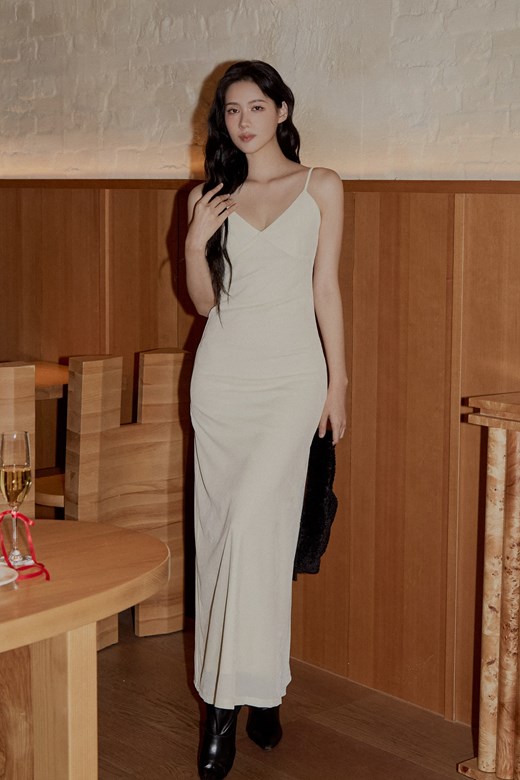植絨網紗細肩長洋裝