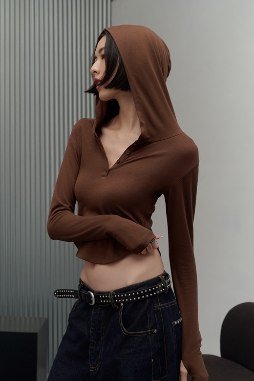 連帽弧擺長袖上衣