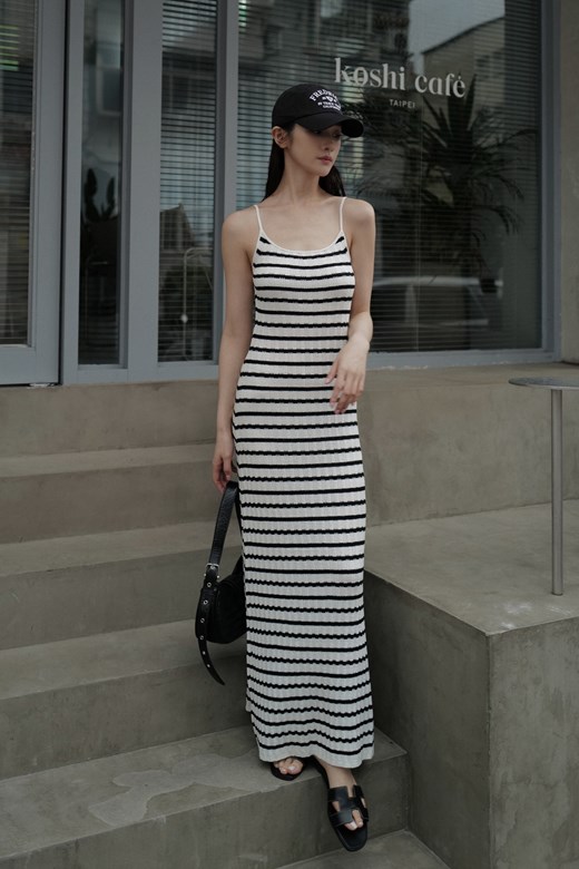 削肩涼針織長洋裝
