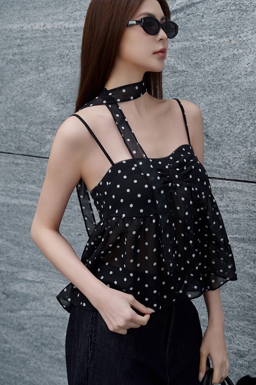 點點透紗細肩上衣(附領巾)