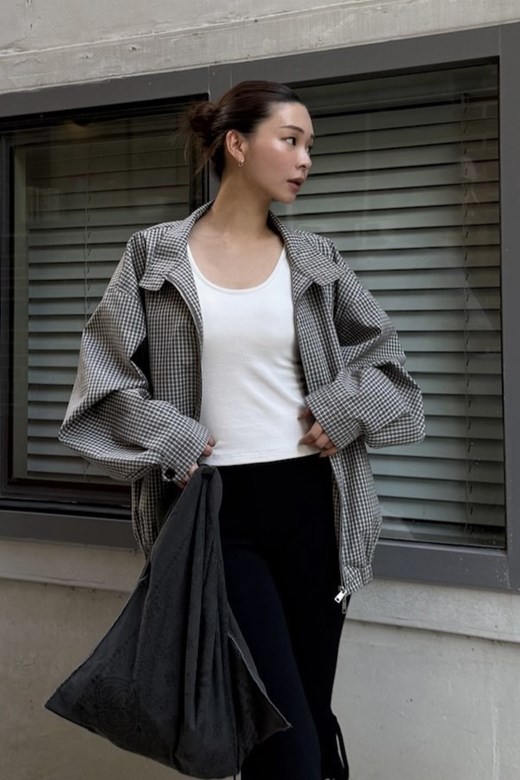 格紋立領風衣外套