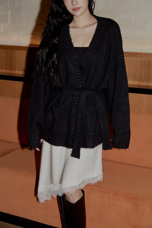 寬鬆針織開襟外套(附綁帶)