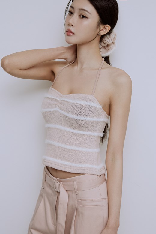 桃心領條紋針織綁帶背心(附大腸圈)