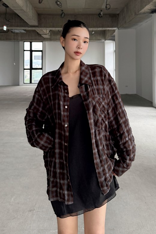 慵懶紋理感格紋寬鬆襯衫