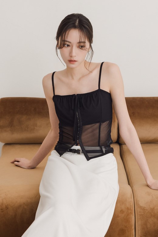 鉤釦網紗綁帶背心