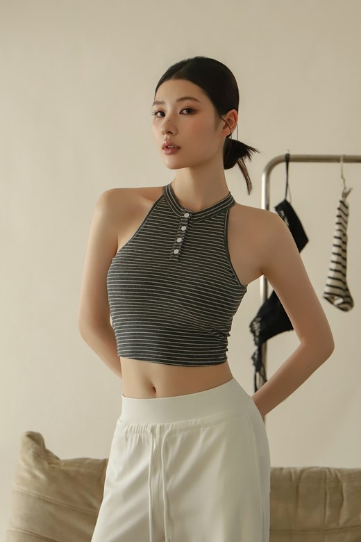 mi立領開釦削肩條紋BRA TOP背心