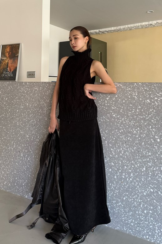 02 絨面綁繩直筒長裙