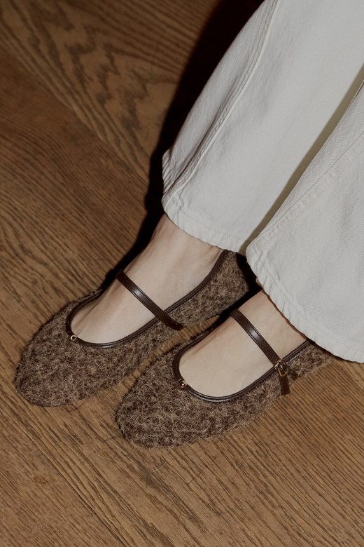 小女孩圓頭珍珠羊羔毛平底娃娃鞋