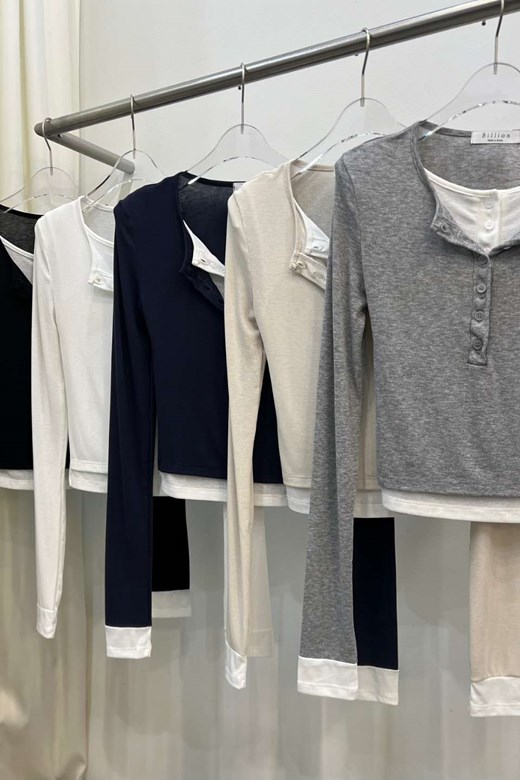 撞色拼接假兩件長袖上衣