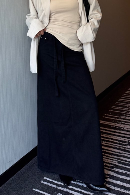 牛仔直筒長裙(附腰帶)