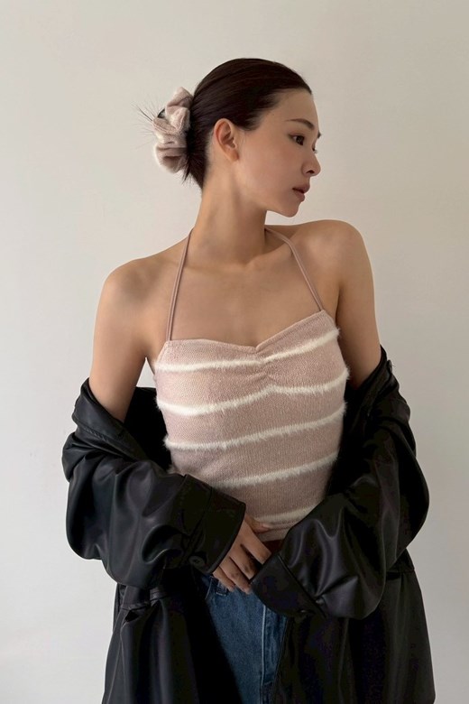 桃心領條紋針織綁帶背心(附大腸圈)