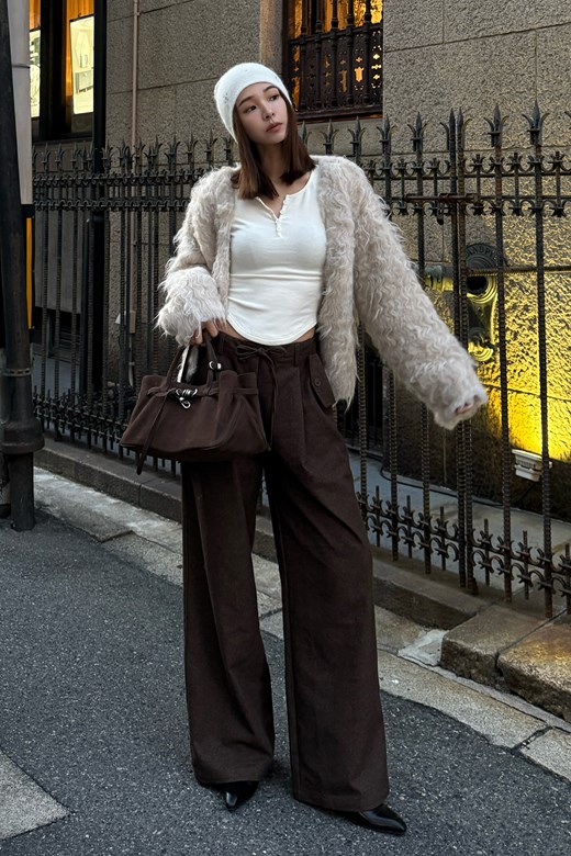 口袋造型鬆緊打摺長褲