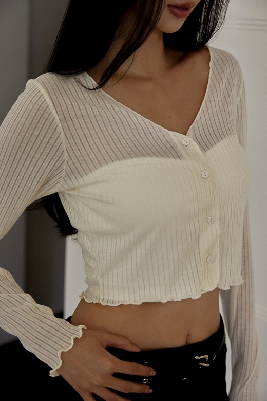 微透坑條小花釦上衣