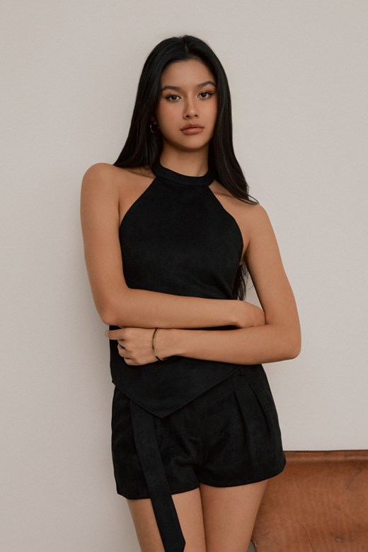 高領麂皮斜擺背心