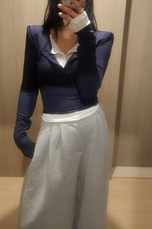 撞色拼接假兩件長袖上衣