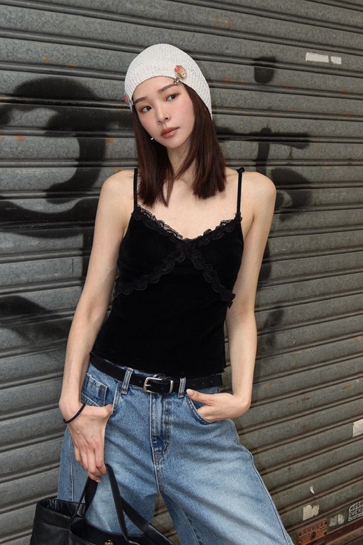 植絨網紗蕾絲細肩背心