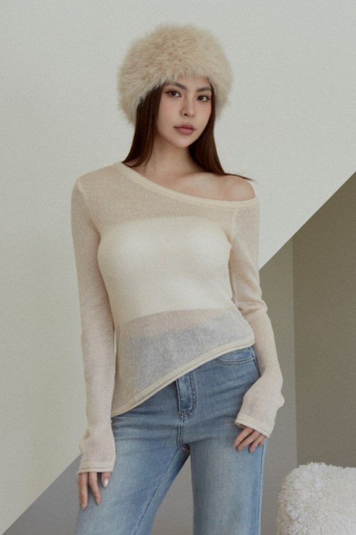 微透膚斜肩針織上衣