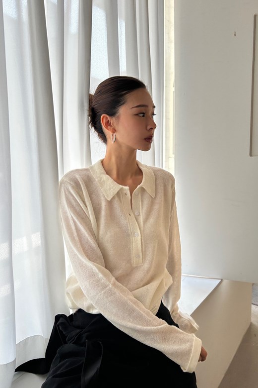 Polo領透肌針織上衣