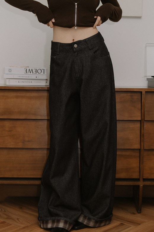 反摺格紋原色牛仔長褲