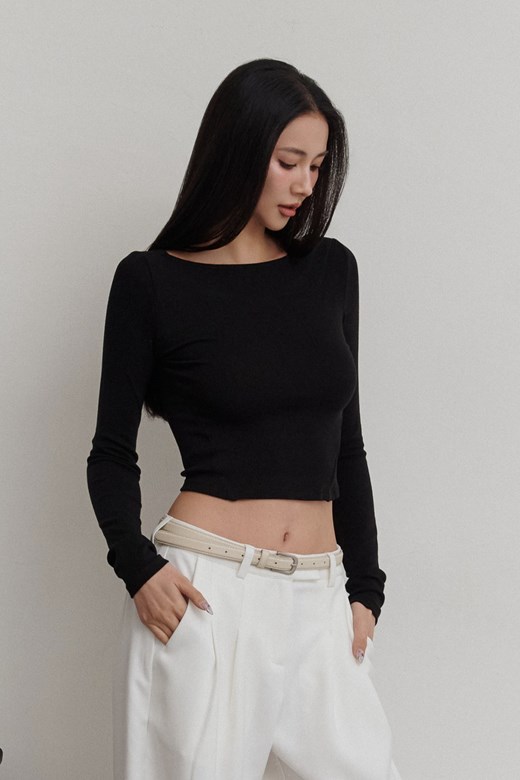 mi斜肩收腰長袖上衣