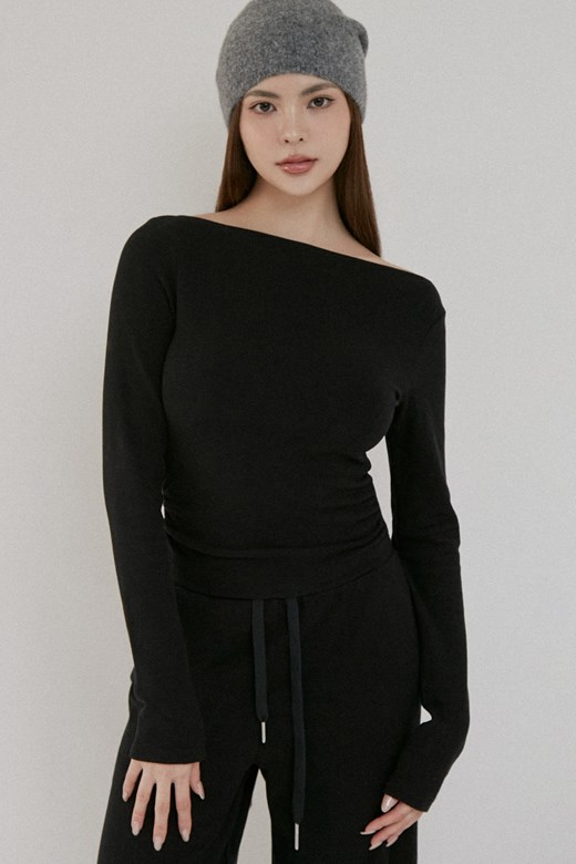 磨毛蓄熱斜肩長袖上衣