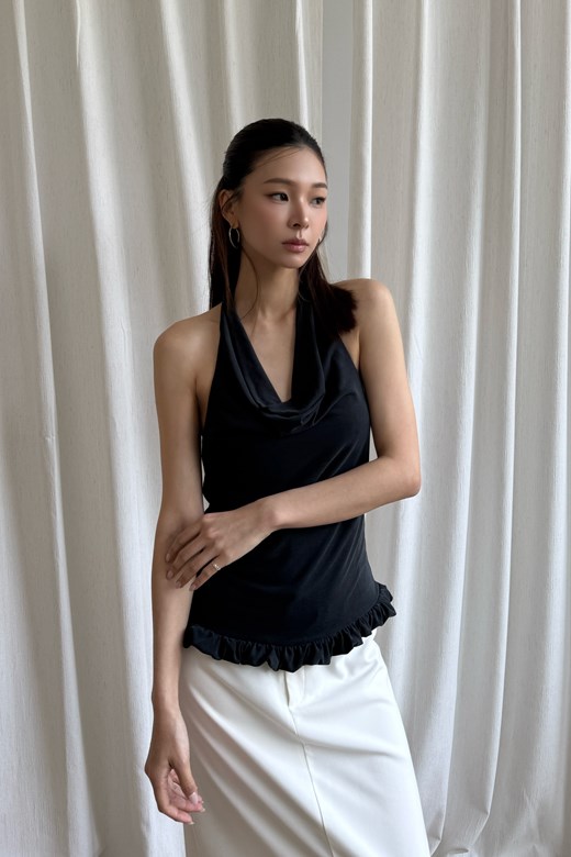 21 繞脖垂領下擺荷葉上衣