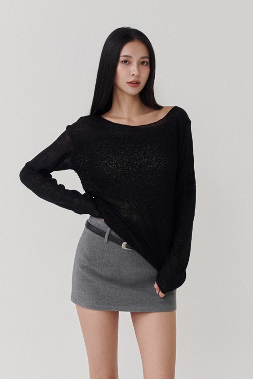 毛毛感拼接斜肩針織上衣