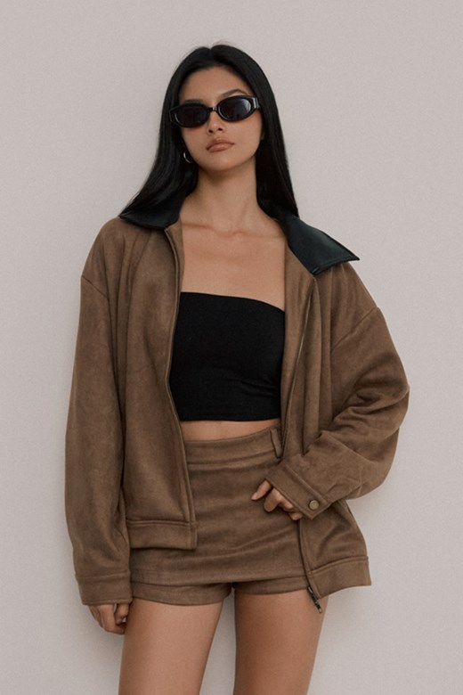 質感皮革拼接麂皮外套