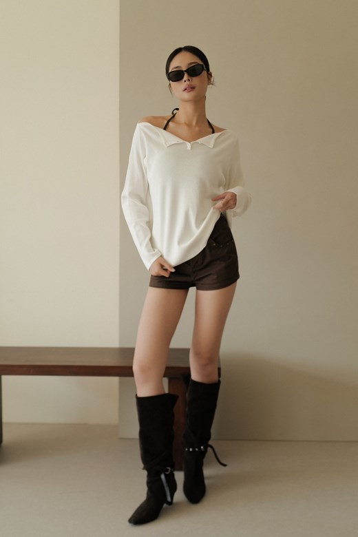 翻領開釦冰絲長袖上衣