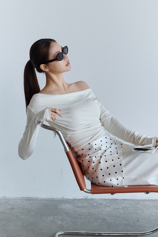 拼接網紗垂領長袖2way上衣