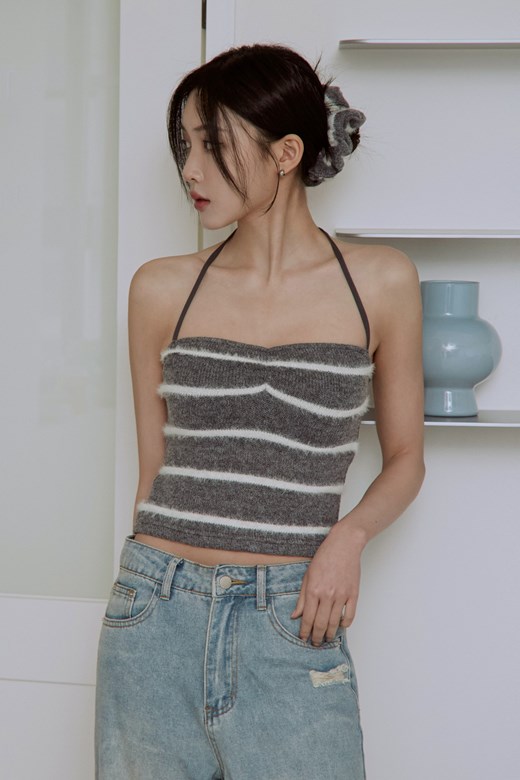 桃心領條紋針織綁帶背心(附大腸圈)