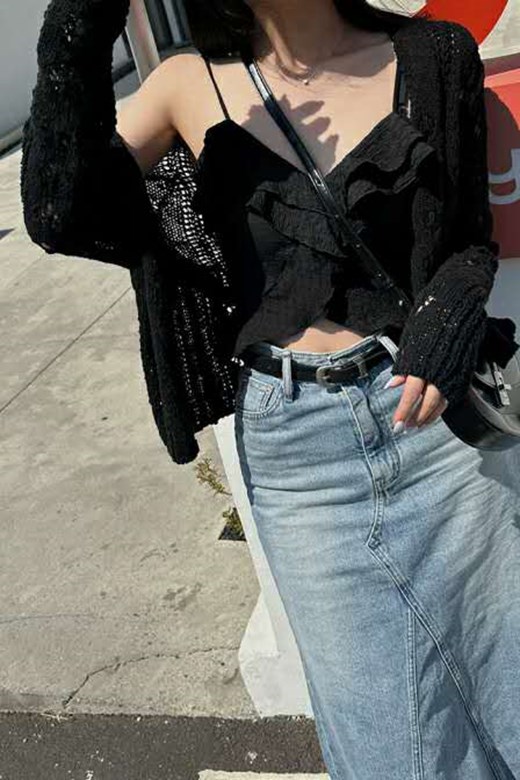 V領荷葉細肩短版上衣