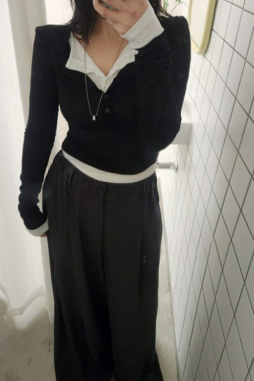 撞色拼接假兩件長袖上衣