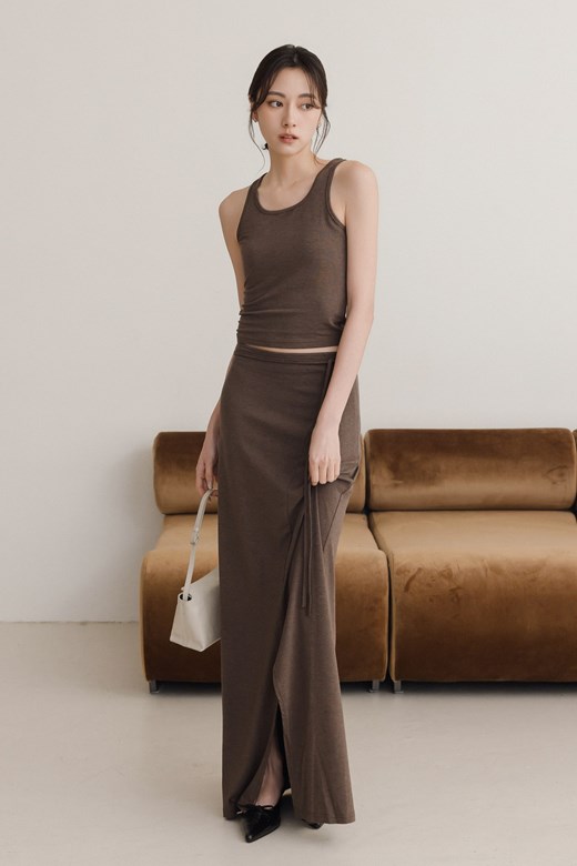 質感柔棉綁帶開岔長裙