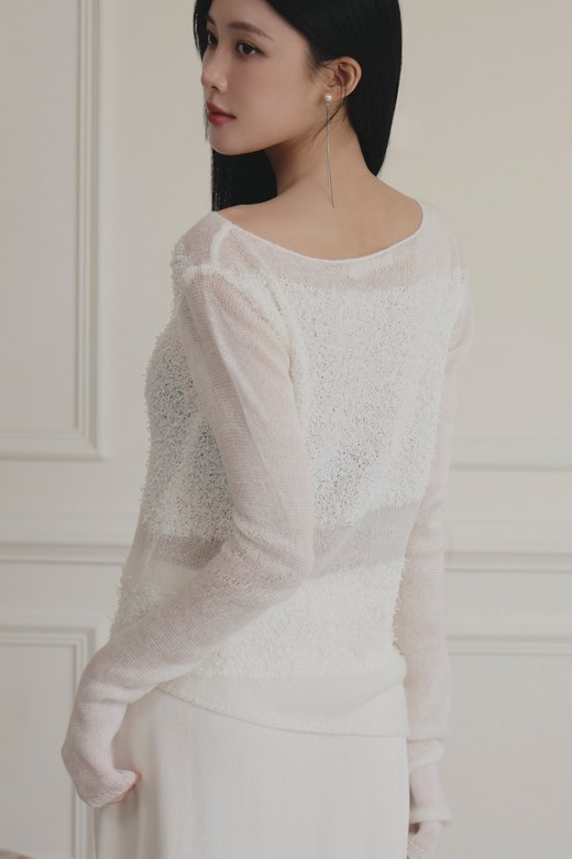 毛毛感拼接斜肩針織上衣