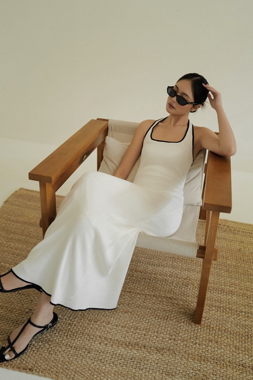 冰感坑條撞色針織長洋裝