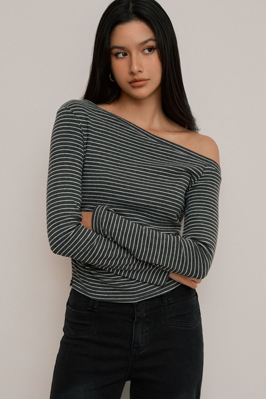 絨感條紋斜肩長袖上衣