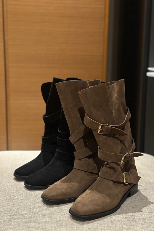 多扣環麂皮感中筒靴