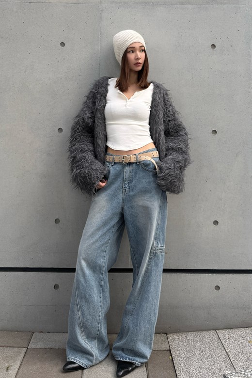 奶霧蓬鬆捲感羊毛針織開襟外套