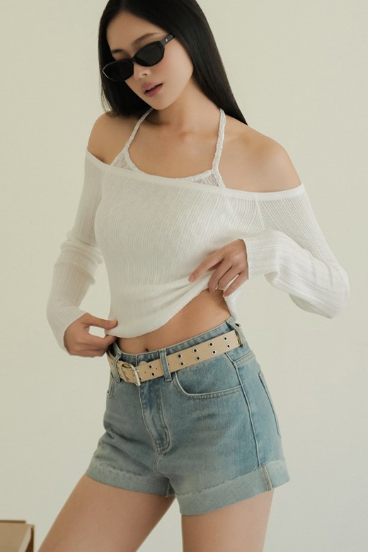 蕾絲繞脖兩件式針織上衣