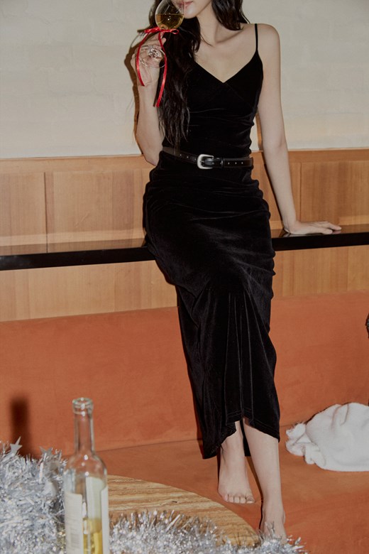 植絨網紗細肩長洋裝