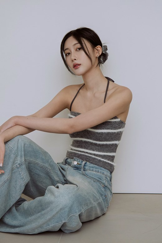 桃心領條紋針織綁帶背心(附大腸圈)