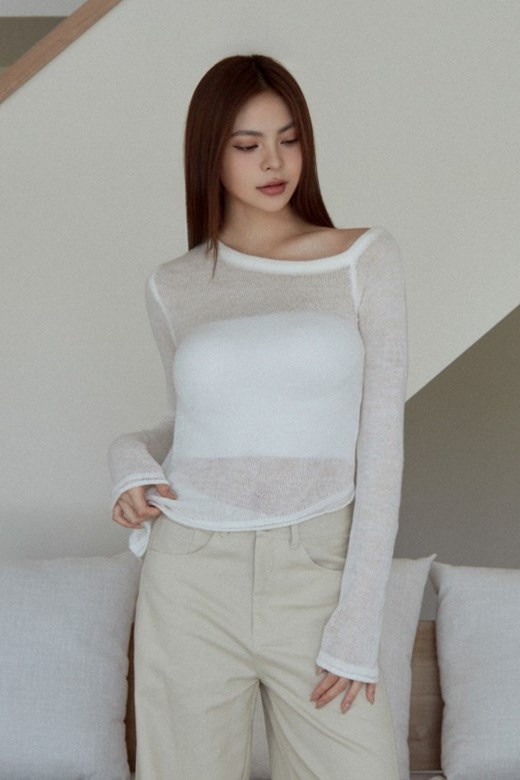 微透膚斜肩針織上衣