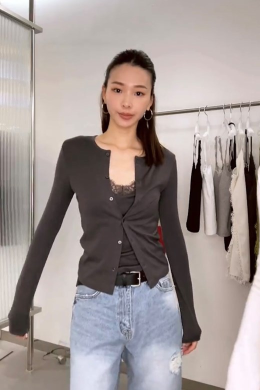 假兩件內層蕾絲背心上衣