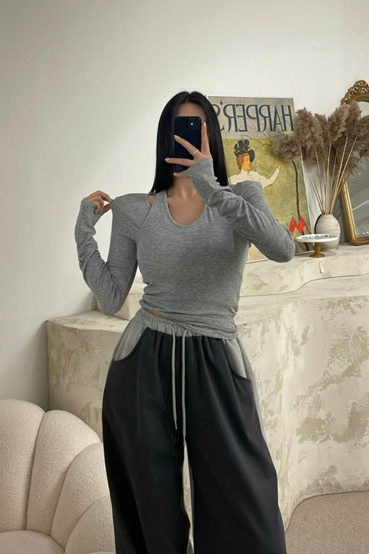 繞脖假兩件上衣