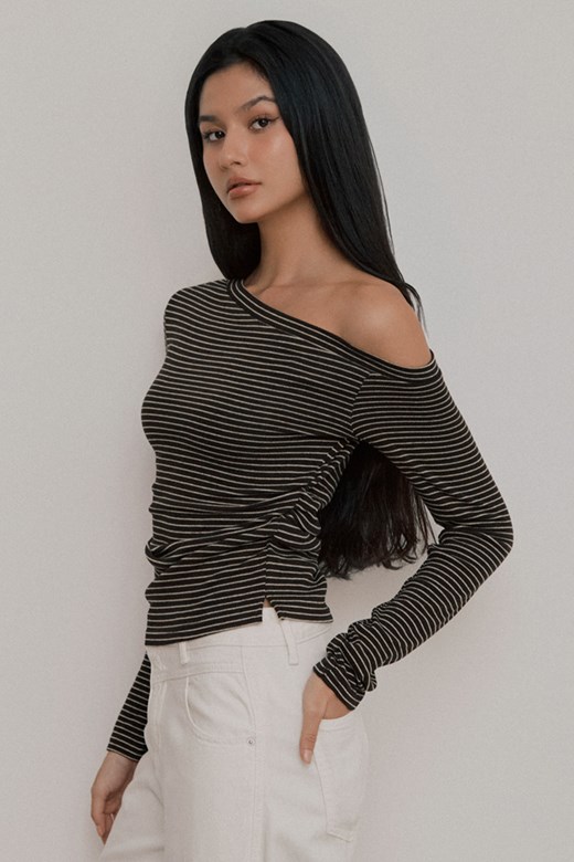 絨感條紋斜肩長袖上衣